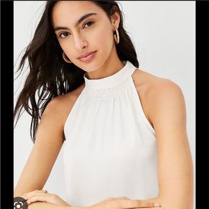 Ann Taylor Mixed Media Smocked Halter Shell Winter White